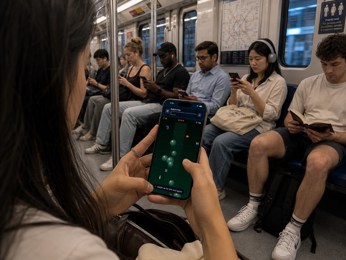 Someone playing Bubble Pop in GameRot on their phone in a crowded metro carriage